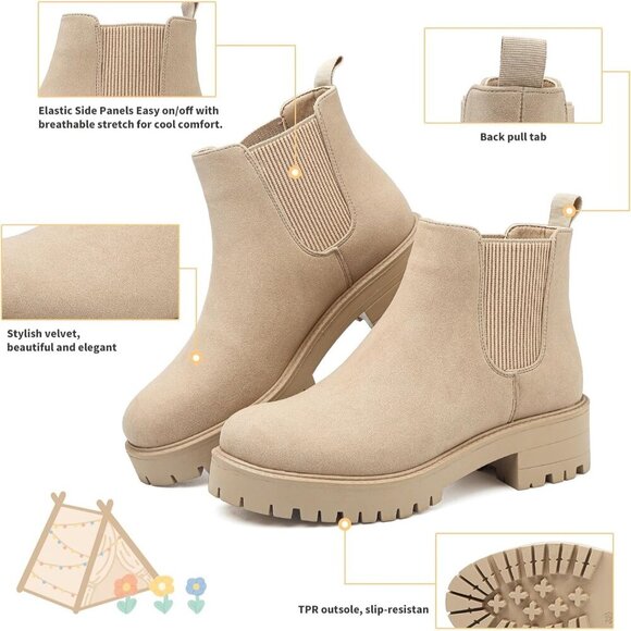 Girls Apricot Pull-On Fall Chelsea Boots Water-Resistant PU Ankle Heel Boots - Picture 5 of 7